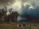 Buffalo Trail: The Impending Storm van Albert Bierstadt: landschap met onweer, wolken, bizons en bomen, in donkergrijs en bruin