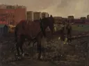 Buitenwijk van Amsterdam van George Hendrik Breitner: dieren met werkpaarden, zand, huizenblokken en arbeiders, in donkerbruin en roze