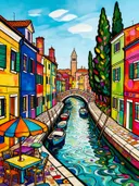 Burano, kanaal in bonte kleuren, schilderij van Burano