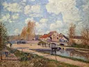 Burgundischer Blick auf Moret Nationalgalerie Prag anagoria van Alfred Sisley: landschap met dorp, rivier, bomen en huizen, in blauw met okergeel