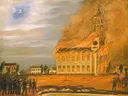 Burning of Old South Church, Bath, Maine van John Hilling: stad met brand, kerk, vlammen en menigte, in oranje en blauw