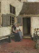 Buurpraatje van Bernardus Johannes Blommers: figuren met vrouwen, huisje, praatje en deur, in wit met roodbruin