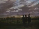 C.D. Brothers A. and S. Turgenev and V. Zhukovsky 1827 van Caspar David Friedrich: figuren met mannen, hek, maan en nacht, in donker grijsblauw