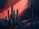 Cactus aan de bosrand in antracietkoraal, schilderij van cactus tegen de lucht