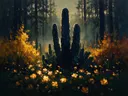 Cactus aan de bosrand in inktblauw, schilderij van cactus aan de bosrand