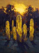 Cactus aan de bosrand in zwavelviolet, schilderij van cactus tegen de lucht