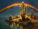 Cactus aan de oever in goudoker, schilderij van cactus onder de hemel