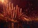 Cactus aan de oever in terracotta, schilderij van cactus onder de hemel
