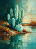 Cactus aan de oever in turkoois, schilderij van cactus aan de oever