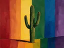 Schilderij van cactus in alle kleuren van de regenboog, in vlakke kleurvlakken
