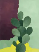 Schilderij van cactus in aubergine en mint, in vlakke kleurvlakken