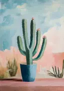 Cactus in blauwe pot desertscene, schilderij van een cactus in een blauwe pot