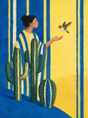 Schilderij van cactus in citroengeel en kobalt, in vlakke kleurvlakken