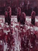 Cactus in de weide in aubergine, schilderij van cactus