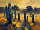 Cactus in de weide in blauwgeel, schilderij van cactus onder een storm