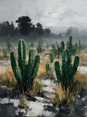 Cactus in de weide in bosgroen, schilderij van cactus onder een storm
