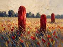 Cactus in de weide in karmozijn, schilderij van cactus