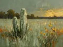 Cactus in de weide in saliegrijs, schilderij van cactus onder een storm