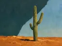 Schilderij van cactus in denneblauw en klei, in vlakke kleurvlakken