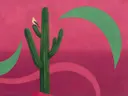 Schilderij van cactus in framboos en jade, in vlakke kleurvlakken