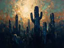 Cactus in groepjes in inktblauw, schilderij van cactus aan de bosrand