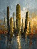 Cactus in groepjes in mosterd, schilderij van cactus aan de bosrand