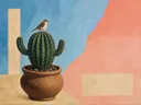 Schilderij van cactus in hemelsblauw en zalm, in vlakke kleurvlakken