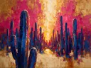 Cactus in het landschap in kobaltmagenta, schilderij van cactus aan de bosrand