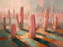Cactus in het landschap in koraal, schilderij van cactus