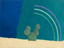 Schilderij van cactus in koele kleuren bij elkaar, in vlakke kleurvlakken