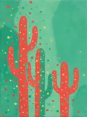 Schilderij van cactus in koraalrood en zeegroen, in vlakke kleurvlakken