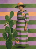 Schilderij van cactus in lila en mosgroen, in vlakke kleurvlakken