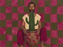 Schilderij van cactus in magenta en olijfgroen, in vlakke kleurvlakken
