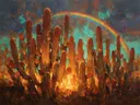 Cactus in roestturkoois, schilderij van cactus van dichtbij