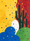 Schilderij van cactus in vier heldere kleuren naast elkaar, in vlakke kleurvlakken