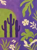 Schilderij van cactus in violet en limoen, in vlakke kleurvlakken