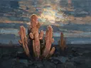 Cactus onder de hemel in terracotta, schilderij van cactus onder de hemel