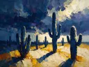 Cactus onder een storm in blauwgeel, schilderij van cactus onder een storm