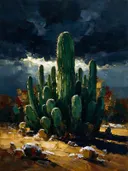Cactus onder een storm in bosgroen, schilderij van cactus onder een storm