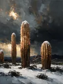 Cactus onder een storm in kopergloed, schilderij van cactus