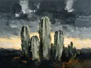Cactus onder een storm in saliegrijs, schilderij van cactus onder een storm