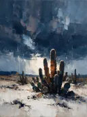 Cactus onder een storm in zandduin, schilderij van cactus