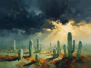 Cactus onder een storm in zeegroen, schilderij van cactus