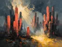 Cactus tegen de lucht in antracietkoraal, schilderij van cactus tegen de lucht