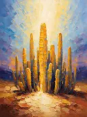 Cactus tegen de lucht in saffraan, schilderij van cactus tegen de lucht