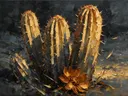 Cactus van dichtbij in goudoker, schilderij van cactus onder de hemel
