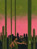 Cactuslandschap met vrouw en uil in olijf en roze, landschap schilderij