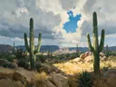 Landschapsschilderij, cactussen op steengrond in gebroken licht
