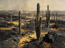 Landschapsschilderij, cactussen op steengrond met hoge horizon