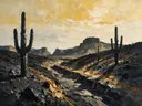 Landschapsschilderij, cactussen op steengrond op vulkanische grond